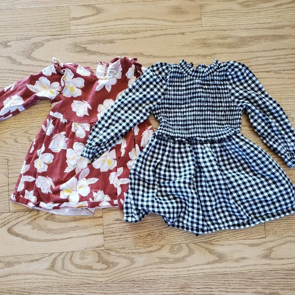 Lot of 2 Carter's, Wonder Nation Long Sleeve Floral Gingham Check Dresses 18M